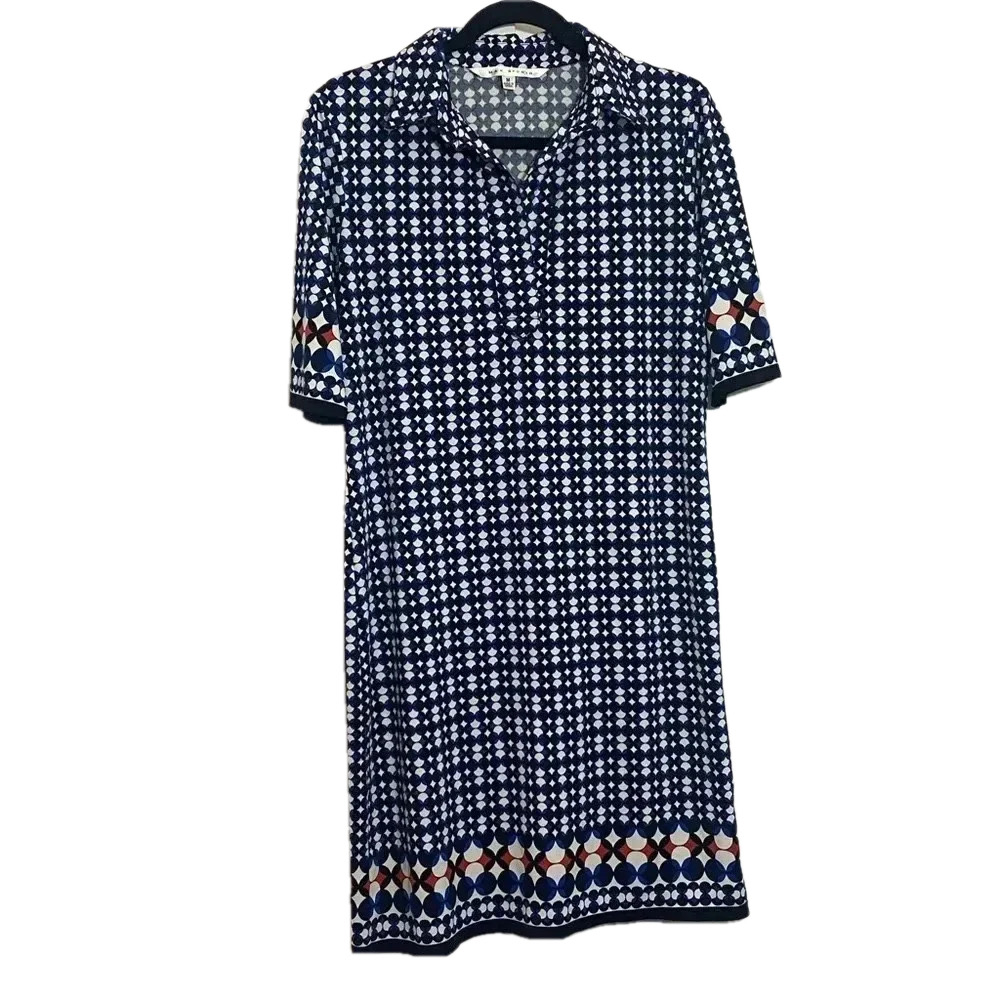 Max Studio women half sleeve geometric dress with collar blue white red size  M
